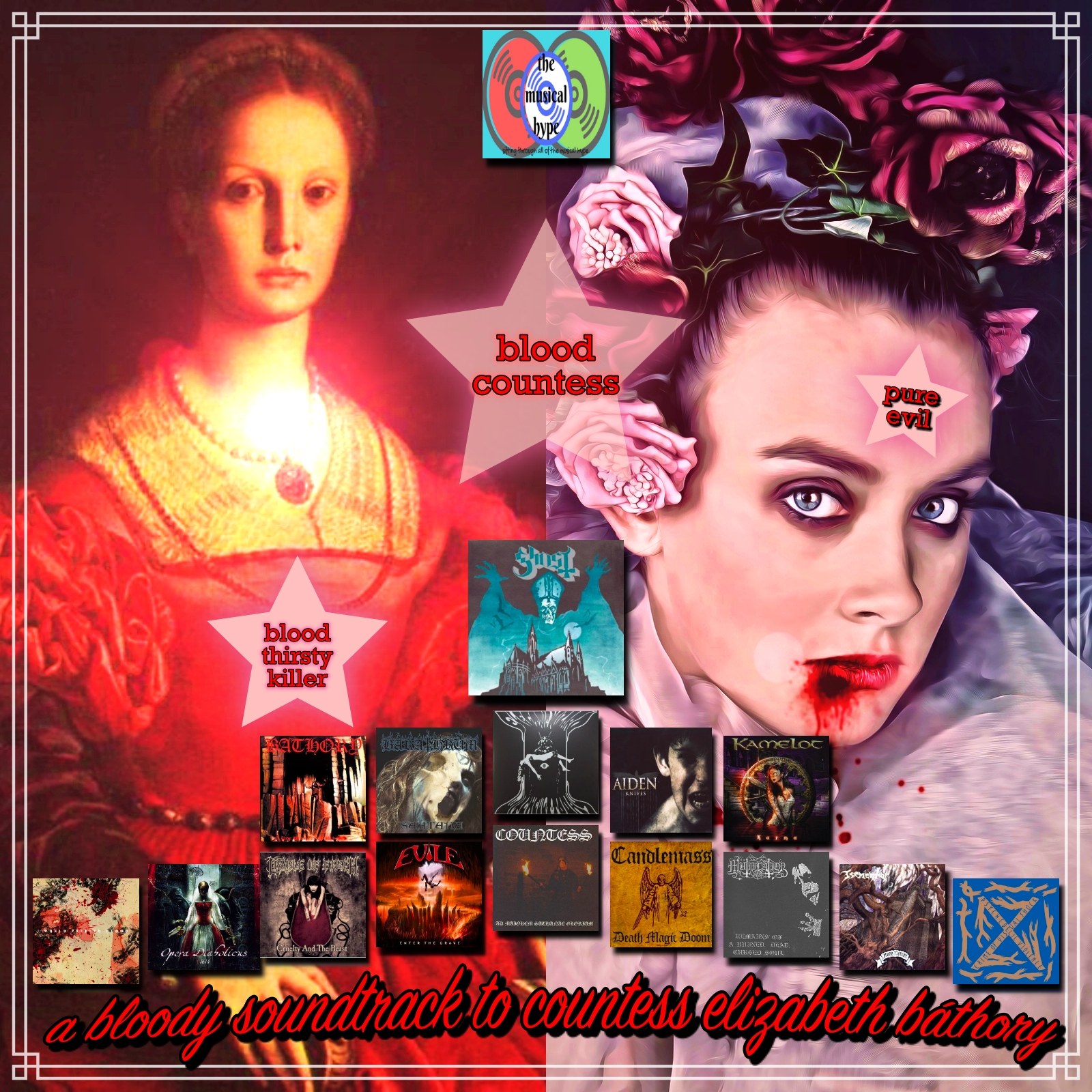 A Bloody Soundtrack to Countess Elizabeth Báthory [Photo Credits: American, Metalville, Sony, Earache, Countess, Nuclear Blast, Osmose Productions, Nocturnal Art Productions, Pixabay, Kioon Japan, Metal Blade, Fontana International, Victory, Black Mark, Sanctuary]