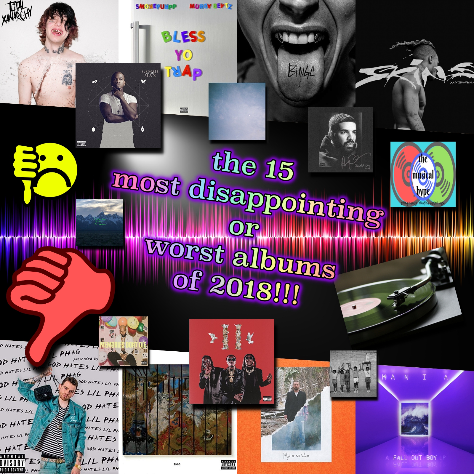 The 15 Most Disappointing and/or Worst Albums of 2018 [Photo Credits: Alamo, Astralwerks, Bad Boy, Bad Vibes Forever, Capitol, Cash Money, Columbia, Def Jam, EMPIRE, Epic, GOOD, Island, Mad Love, Mass Appeal, Motown, Quality Control Music, RCA, the @ pak]