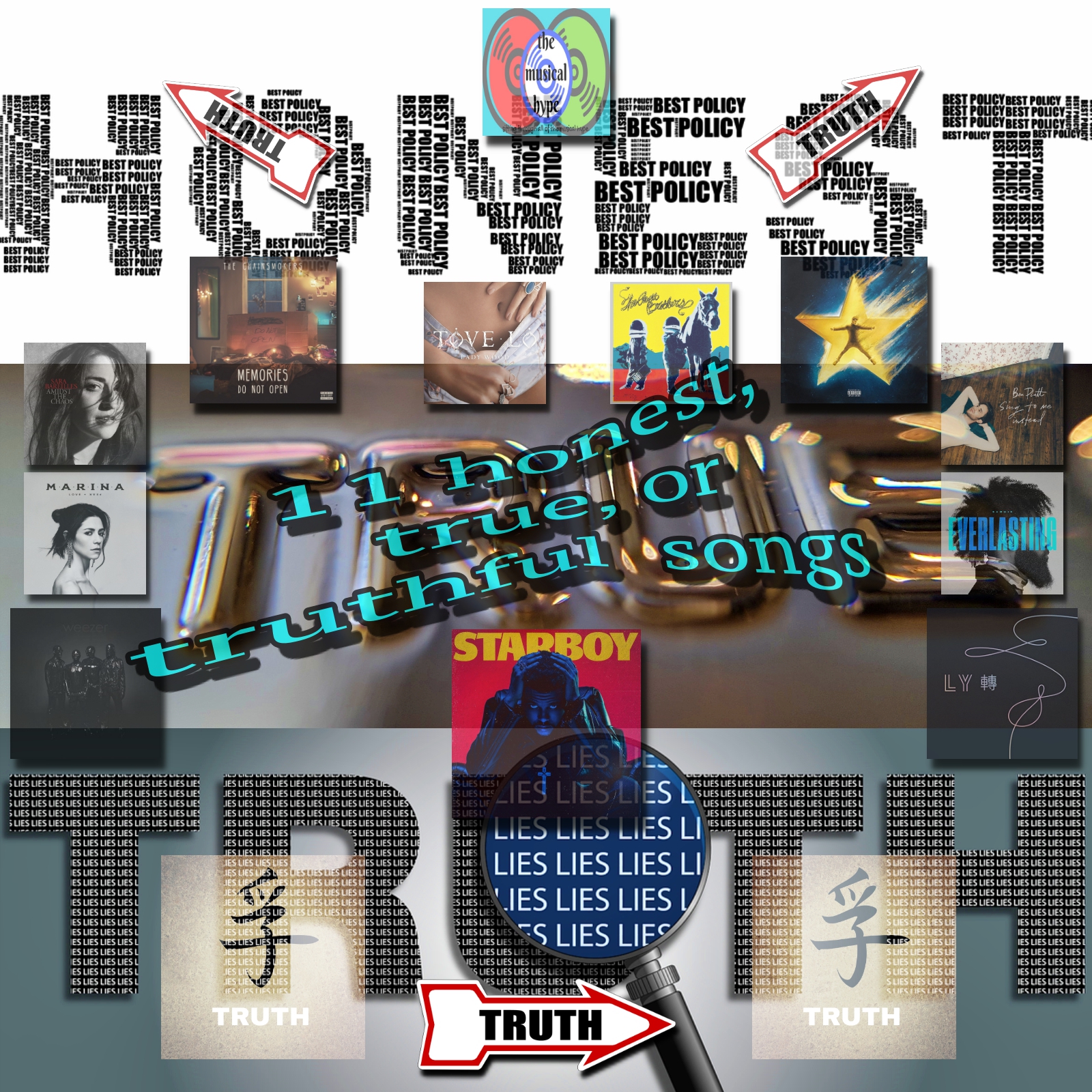 11 Honest, True, or Truthful Songs [Photo Credits: Atlantic, Bazzi, Bighit Entertainment, Columbia, Disruptor, EMPIRE, Epic, Pexels, Pixabay, Republic, Star Camp Music, Universal]