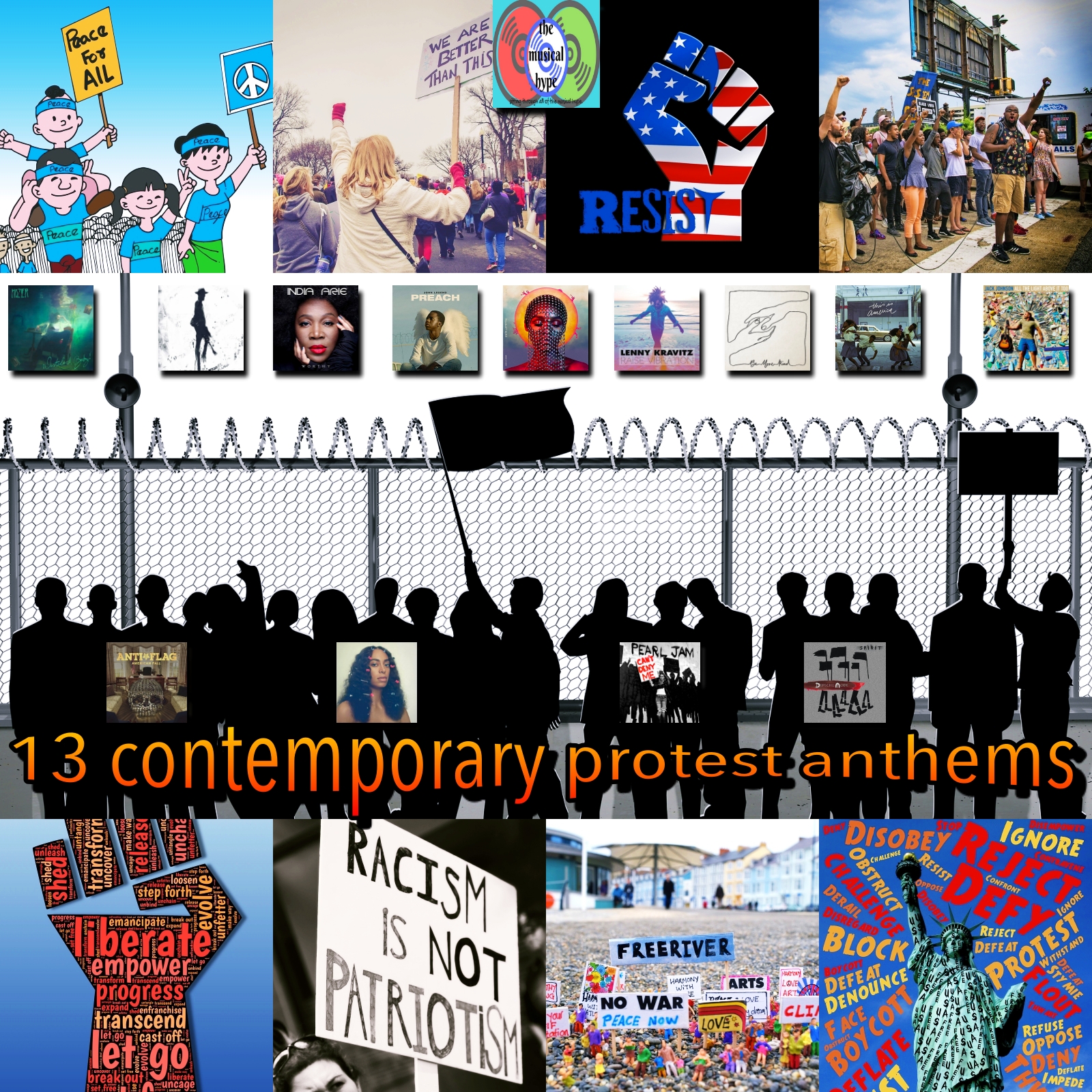 “13 Contemporary Protest Anthems” [Photo Credits: Bad Boy, BMG Rights Management, Columbia, Jack Johnson, Monkeywrench, Pixabay, RCA, Republic, Spinefarm, Universal Music, Warner Bros.]