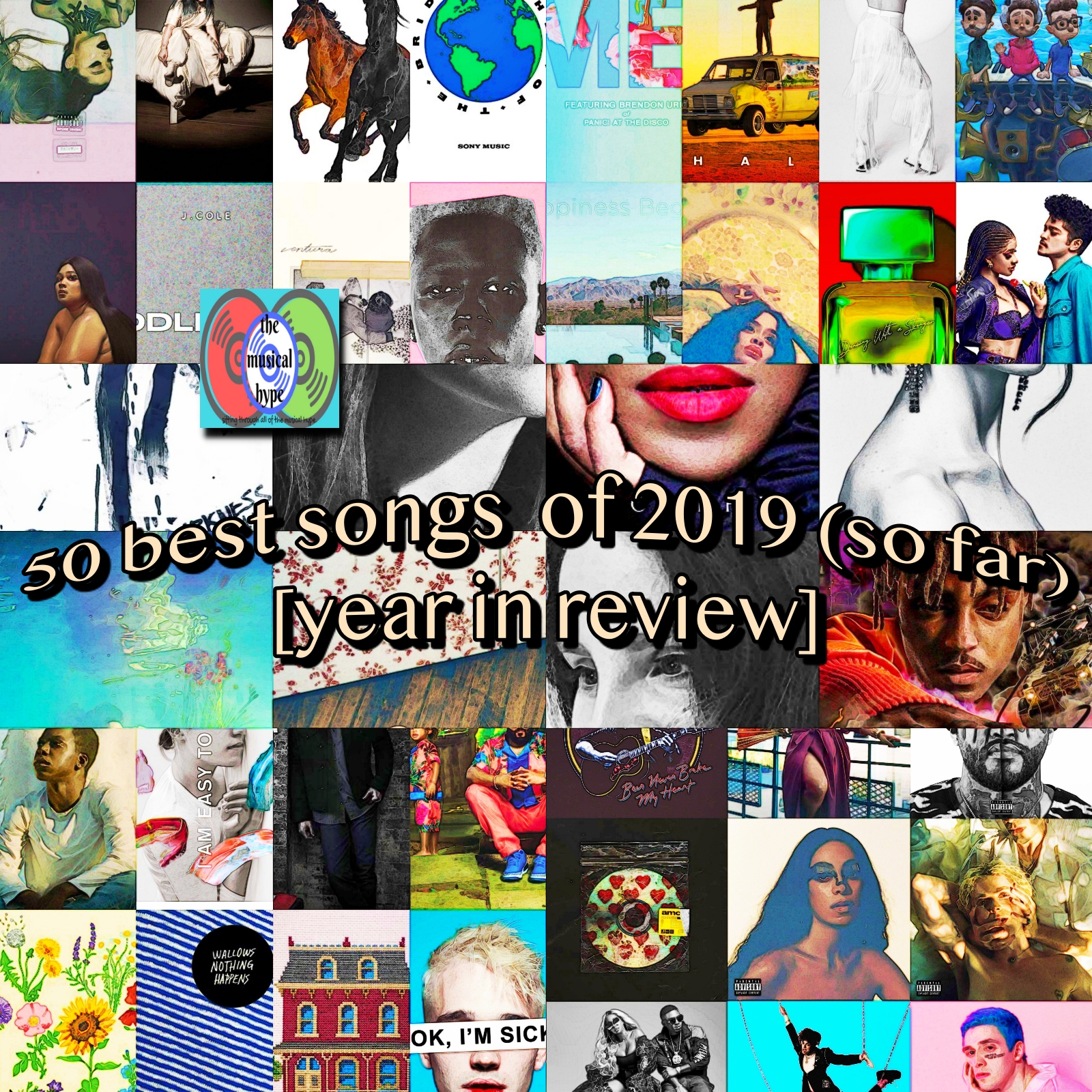 “50 Best Songs of 2019 (So Far)” [Photo Credits: 4AD, :): / Atlantic, Aftermath / 12 Tone Music, Atlantic, Big Machine, BMG Rights Management, Capitol, Columbia, Cub Sport, Dreamville / Roc Nation, Epic, Geffen, Interscope, Island, Jonas Brothers Records / Republic, Lauv, Nice Life / Atlantic, RCA, Republic, Rex Orange County, River House Artists / Sony, Sony, Ten Point Productions Inc. / Warner Bros., Tully, Warner Bros.]