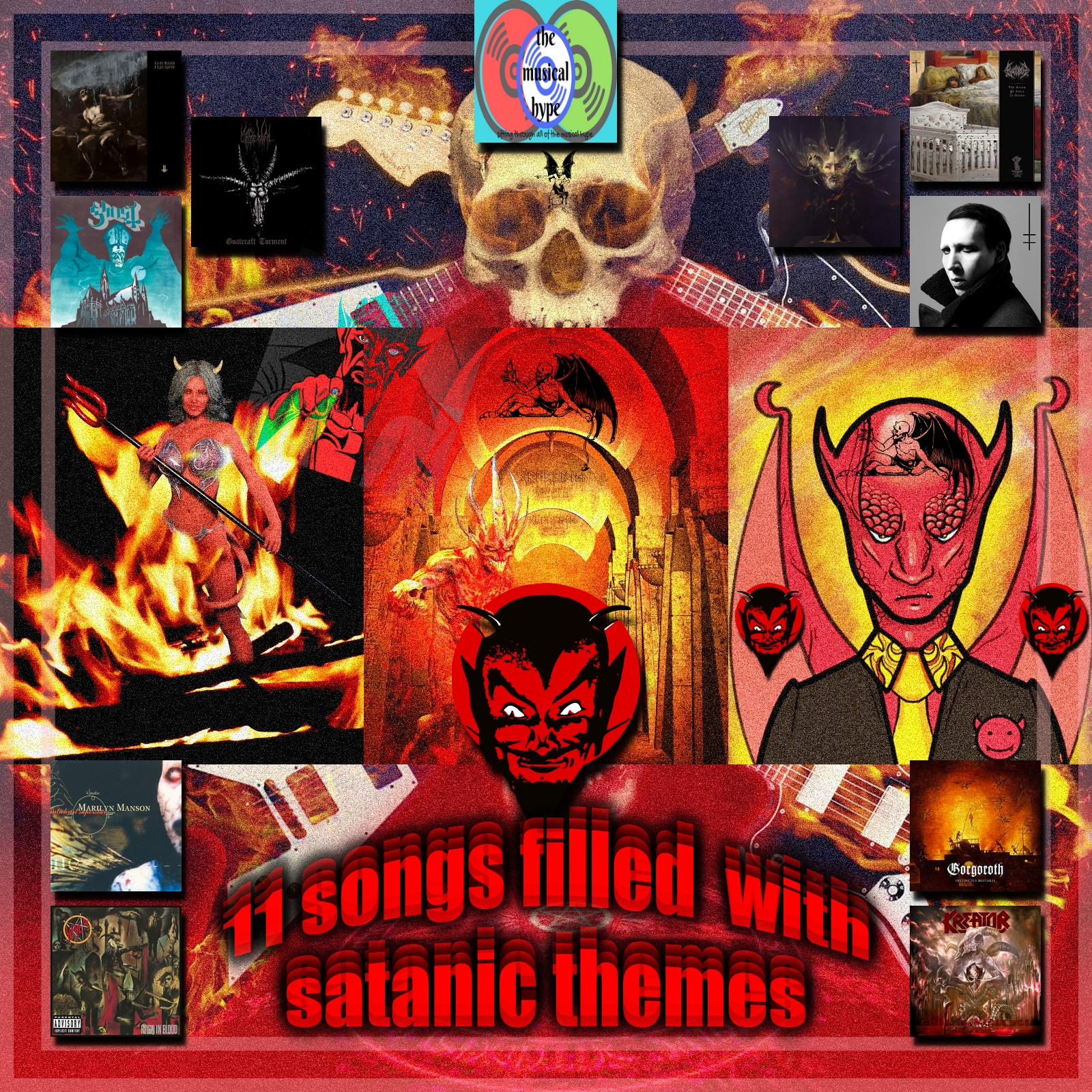 “11 Songs Filled with Satanic Themes” [Photo Credits: American Recordings, Gorgoroth Prod, Interscope, Loma Vista, Metal Blade, Metalhit.com, Nuclear Blast, Peaceville, Pixabay, Rise Above]