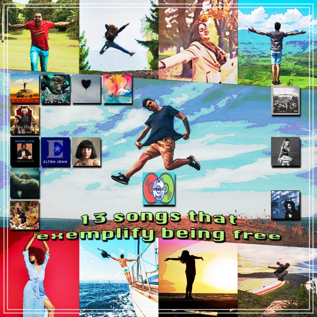 “13 Songs That Exemplify Being Free” [Photo Credits: Atlantic, Capitol, Cash Money, Def Jam, Epic, GOOD, Interscope, Island, Pexels, Pixabay, RCA, Republic, Roadrunner, Sony, Third Man, Young Money]
