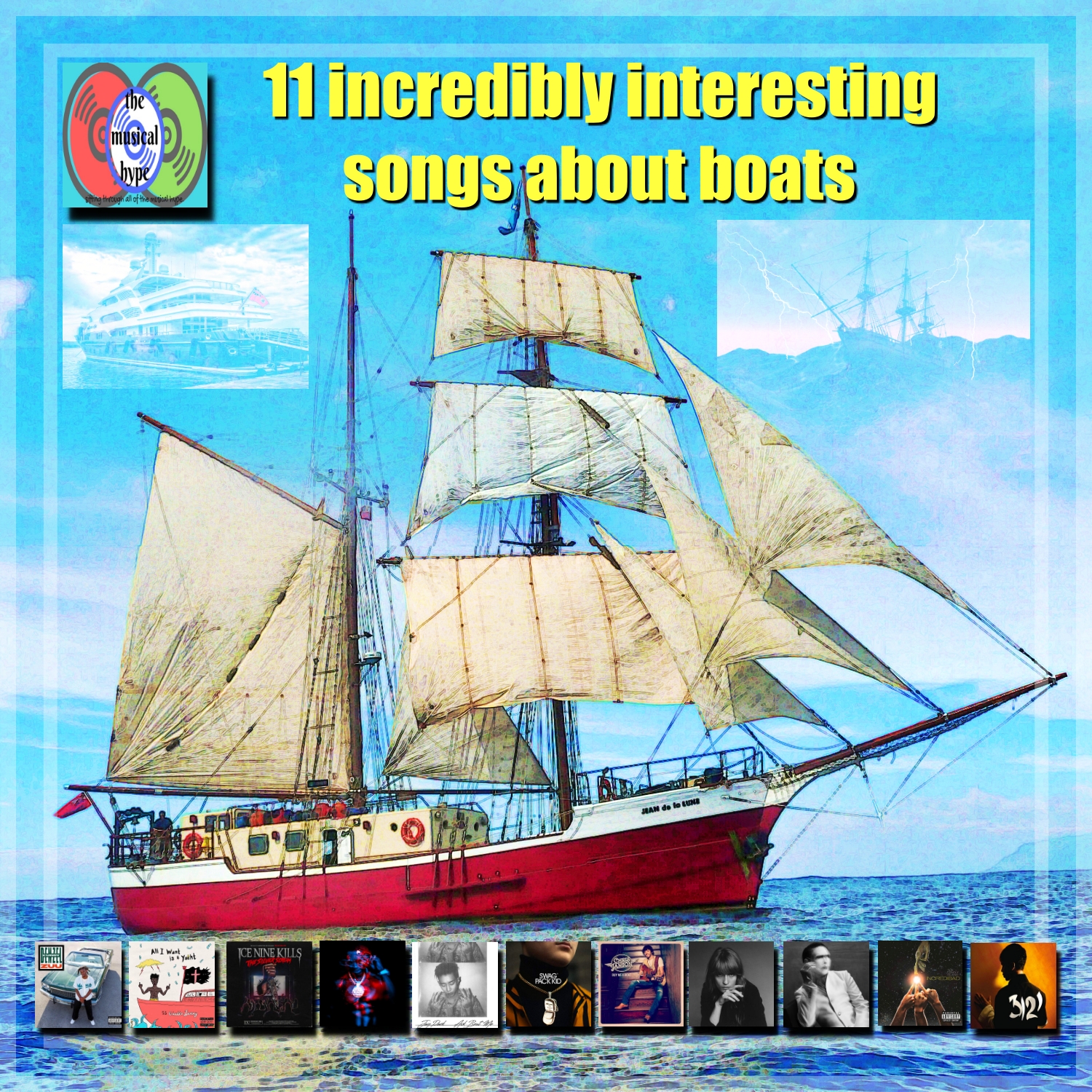 “11 Incredibly Interesting Songs About Boats” [Photo Credits: Atlantic, Fearless, Godd Complex, HITCO, Island, Legacy, Loma Vista, NPG, Pexels, Pixabay, Republic, Roc Nation, Winmore, Warner Music]