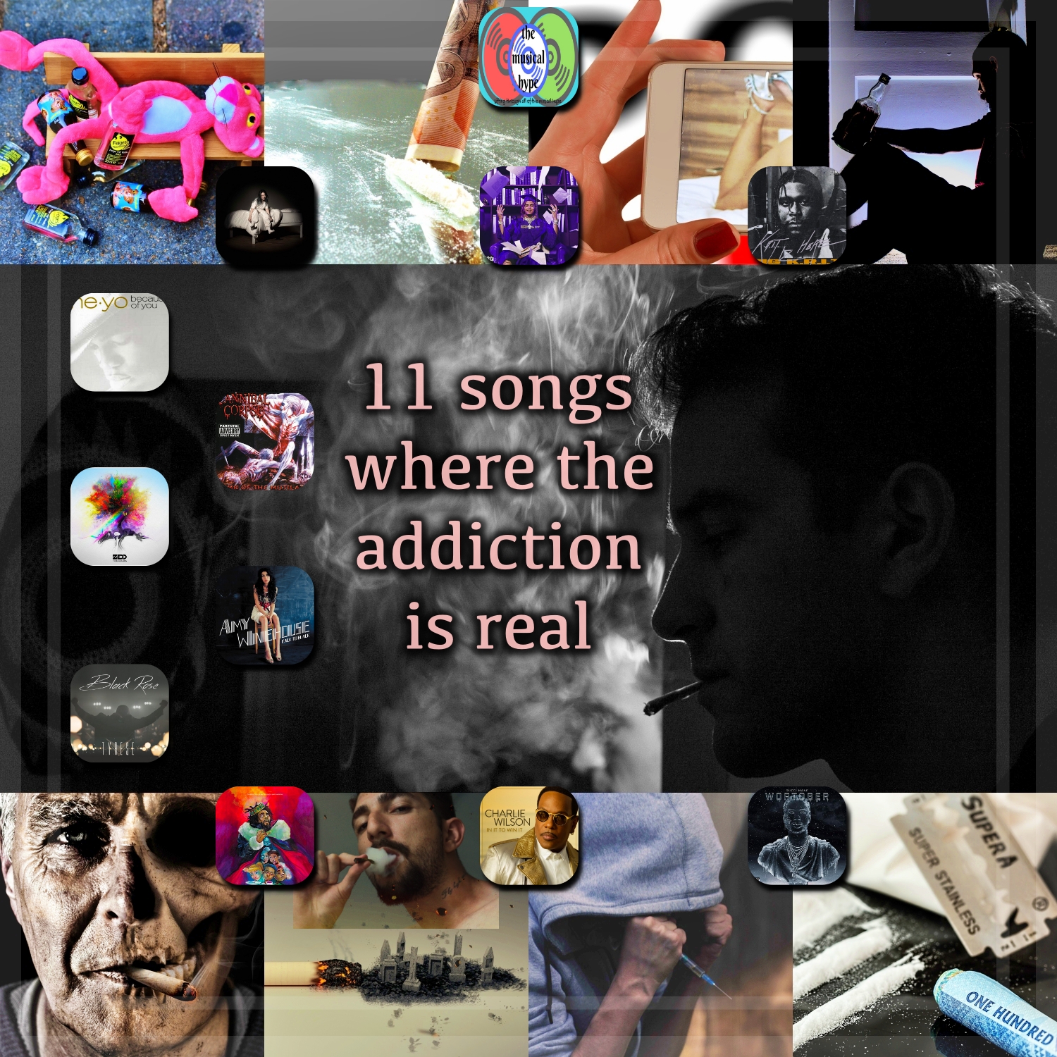 “11 Songs Where the Addiction is Real” [Photo Credits: Atlantic, BMG Rights Management, Darkroom, Dreamville, Interscope, Island Def Jam, Metal Blade, Multi Alumni LLC, Pexels, Pixabay, RCA, Roc Nation, Universal Island, Voltron, Warner Bros.]